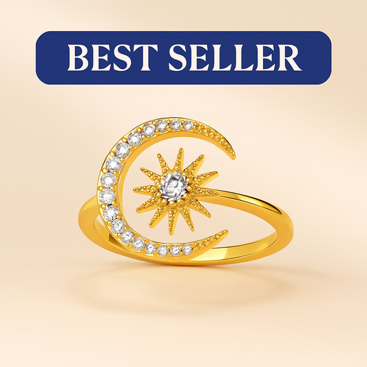 Women’s Dainty Zircon Moon & Star Ring – Gold Stainless Steel Geometric Wedding Jewelry