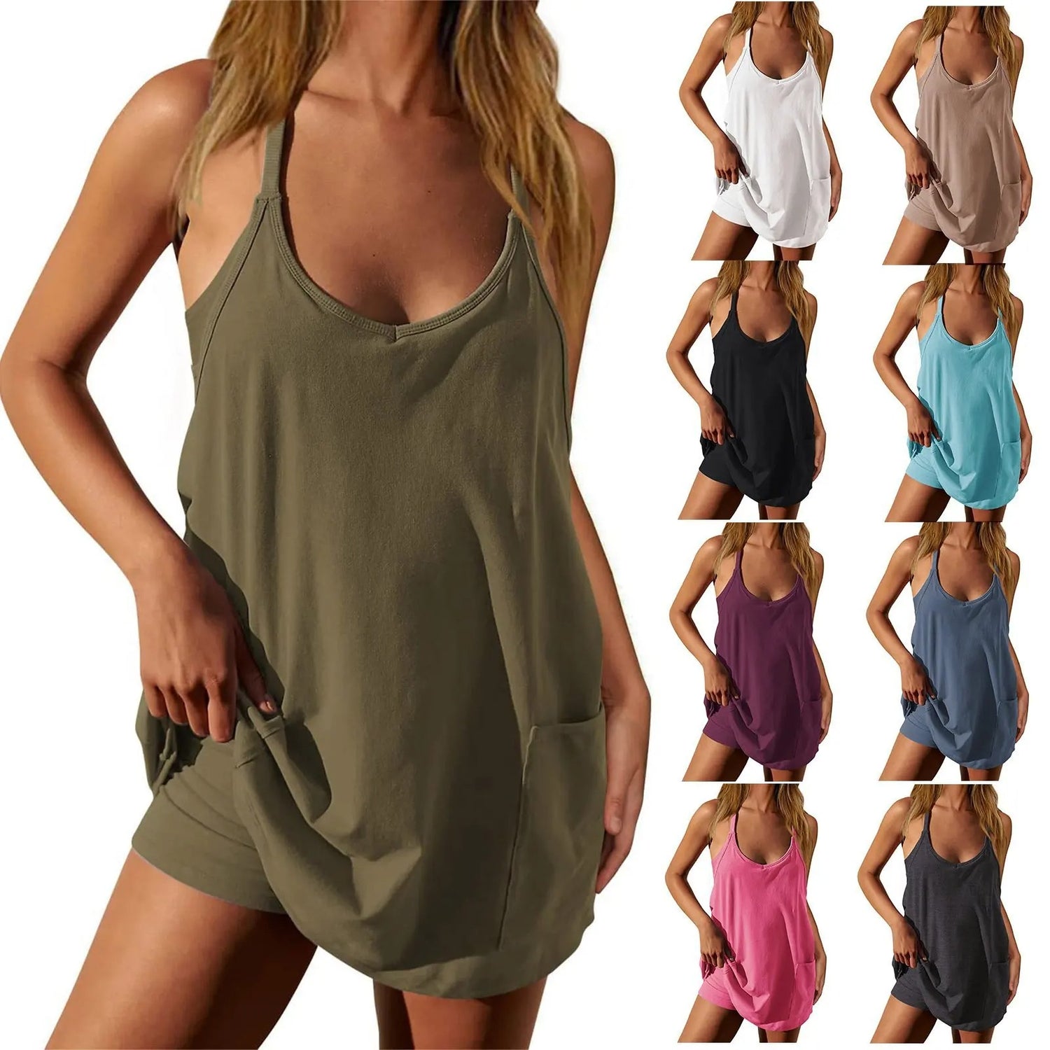Summer Deep V-Neck Sleeveless Backless Wide-Leg Romper – Casual Loose Solid Color Playsuit for Women