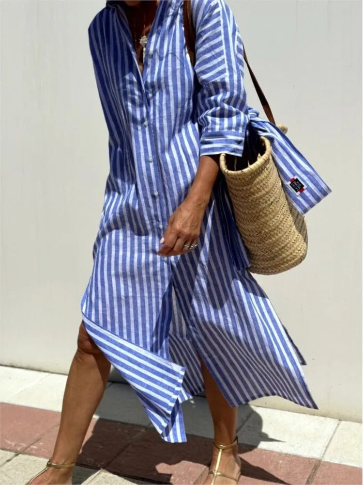 Autumn Long Sleeve Shirt Dress for Women – Elegant Belted Casual Dress with Lapel Neck & Fashion Print