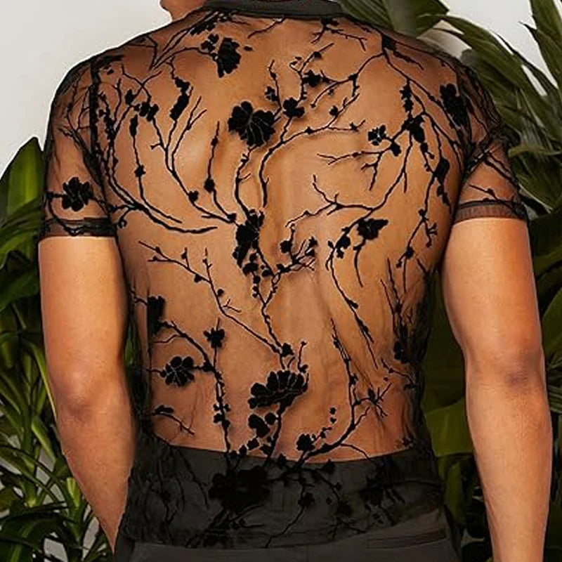 Men’s summer mesh lace knit t-shirt with rose print streetwear