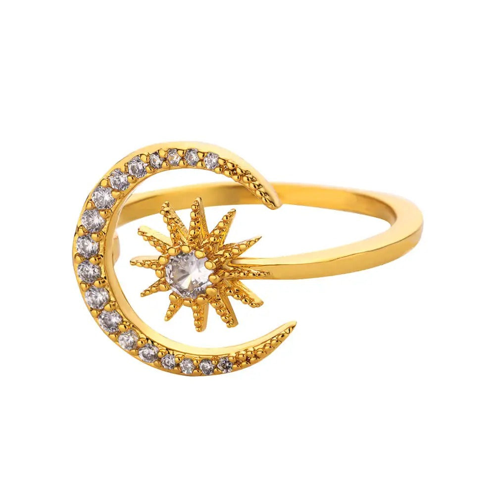 Women’s Dainty Zircon Moon & Star Ring – Gold Stainless Steel Geometric Wedding Jewelry