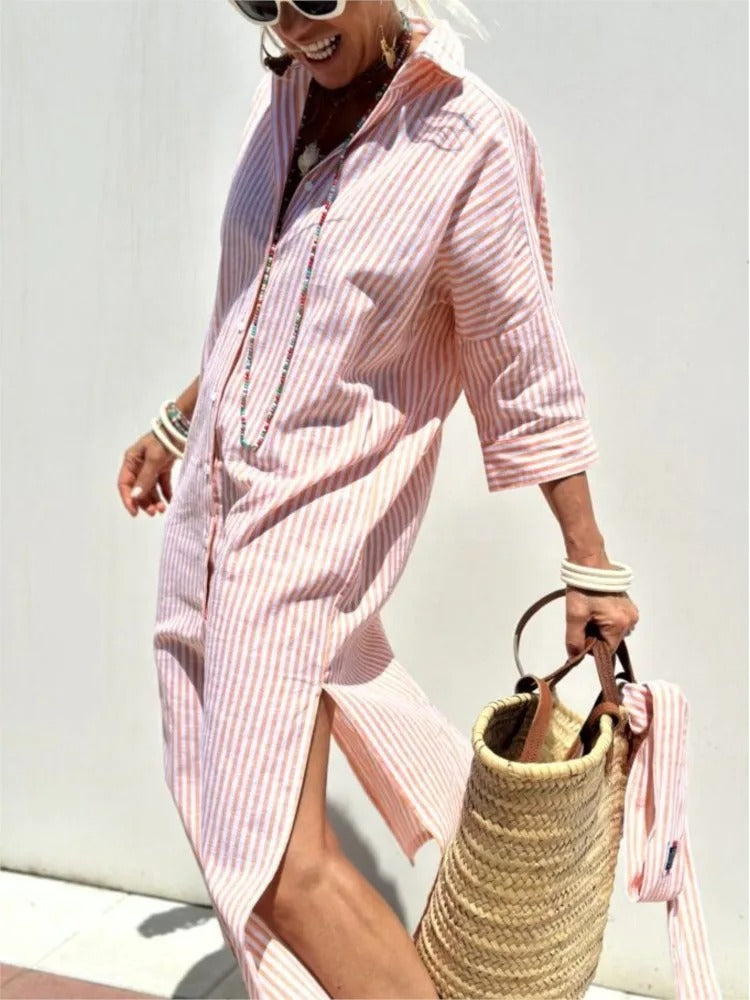 Autumn Long Sleeve Shirt Dress for Women – Elegant Belted Casual Dress with Lapel Neck & Fashion Print