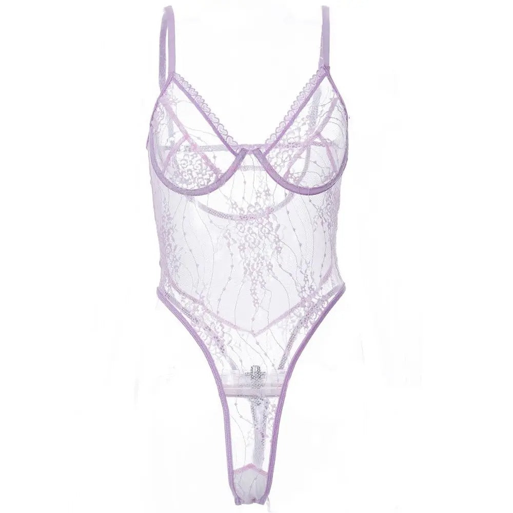 Women’s Sexy Lace Lingerie Bodysuit – Transparent V-Neck See-Through Hollow Sling Underwear