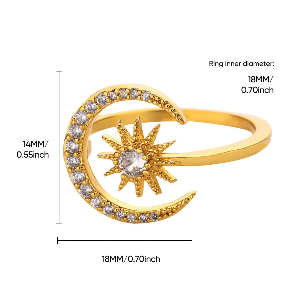 Women’s Dainty Zircon Moon & Star Ring – Gold Stainless Steel Geometric Wedding Jewelry