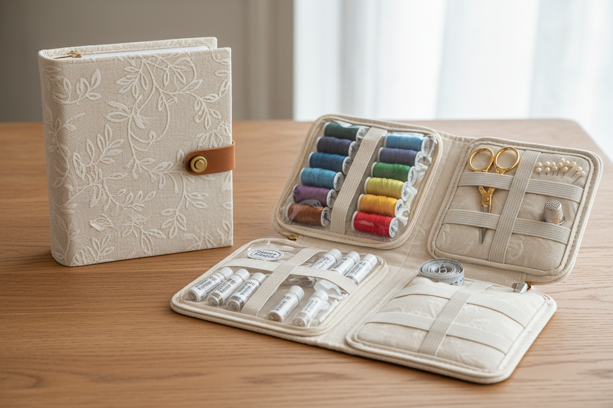 Designed in a compact book style, this kit keeps all embroidery supplies and sewing tools neatly organized. Great for travel, craft classes, workshops, or stitching on the go—everything stays tidy and easy to access. generate image
