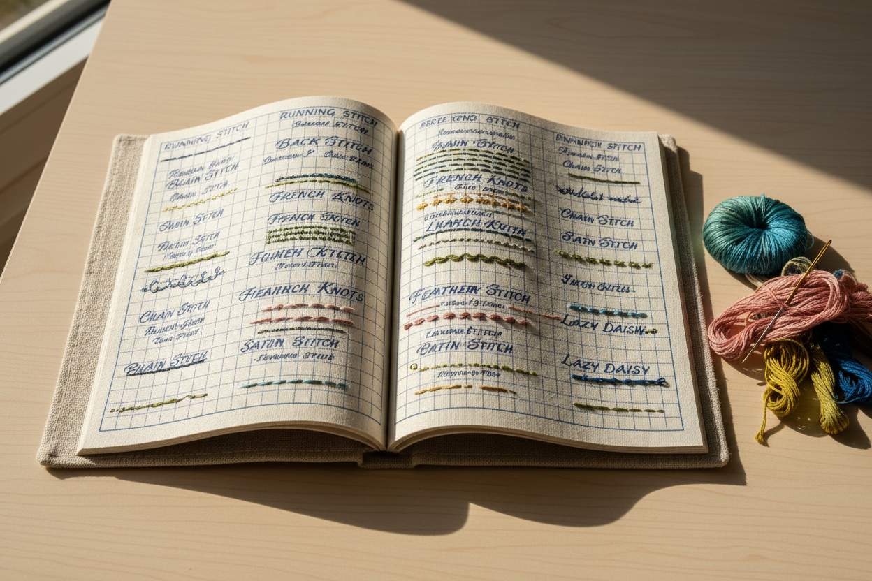 Made with durable linen fabric pages, each sheet is printed with stitch names and practice grids. Works perfectly as a beginner embroidery reference book, helping you learn and improve more than 80 stitch styles at your own pace. generate image