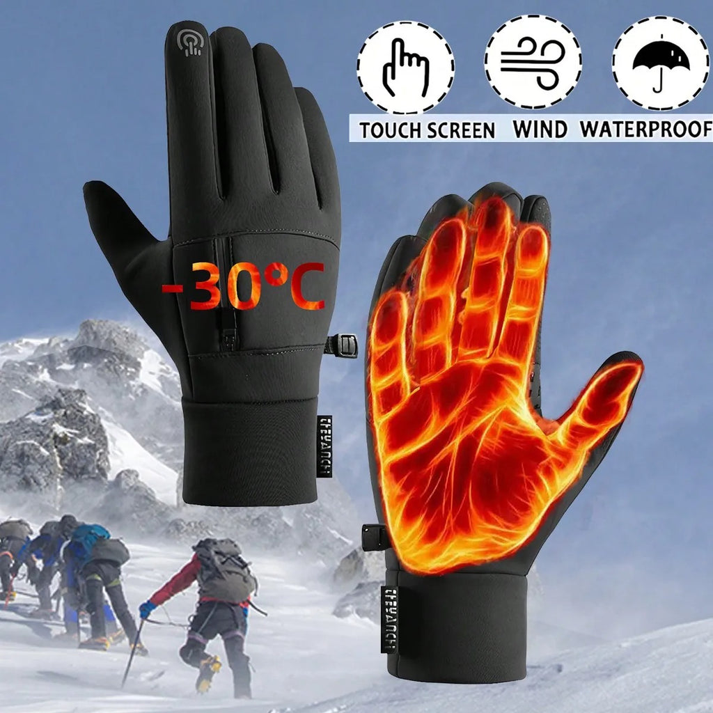 Black winter gloves with touchscreen fingertips, waterproof and windproof, ideal for mountain climbing and cold outdoor activities.