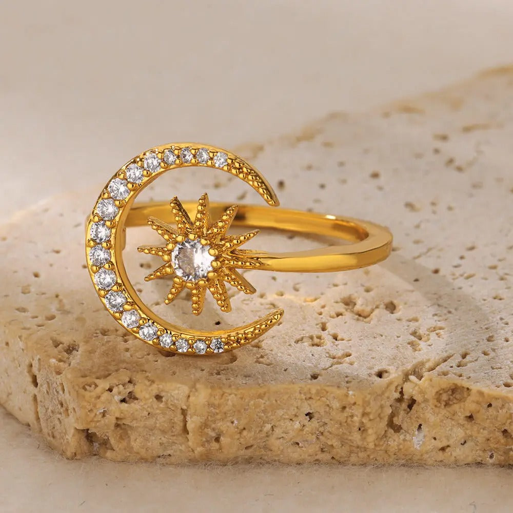 Women’s Dainty Zircon Moon & Star Ring – Gold Stainless Steel Geometric Wedding Jewelry