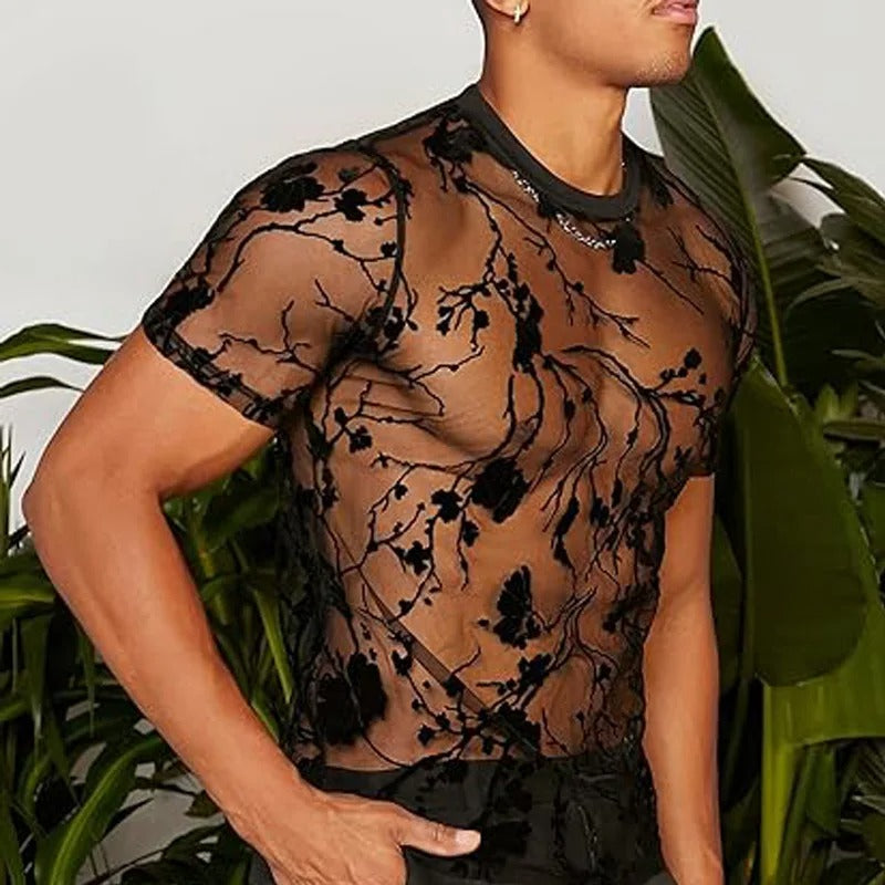 Men’s summer mesh lace knit t-shirt with rose print streetwear