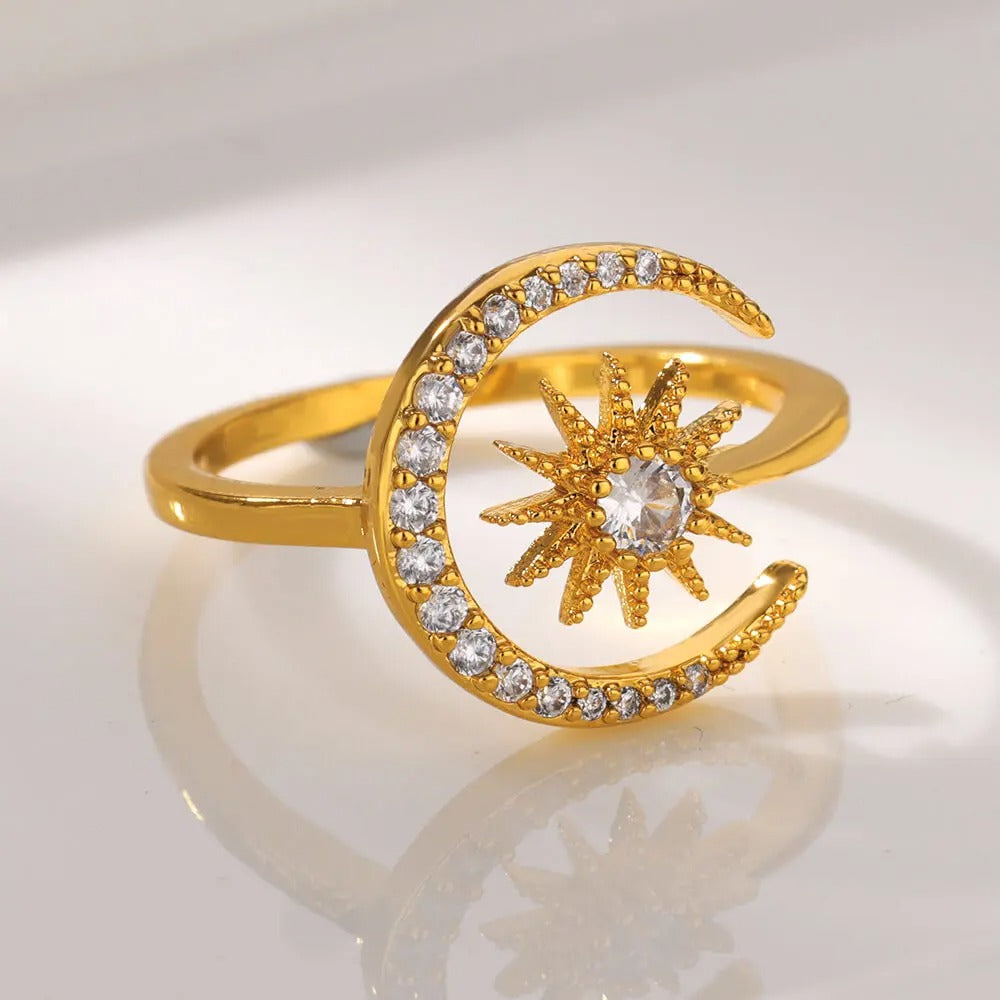 Women’s Dainty Zircon Moon & Star Ring – Gold Stainless Steel Geometric Wedding Jewelry