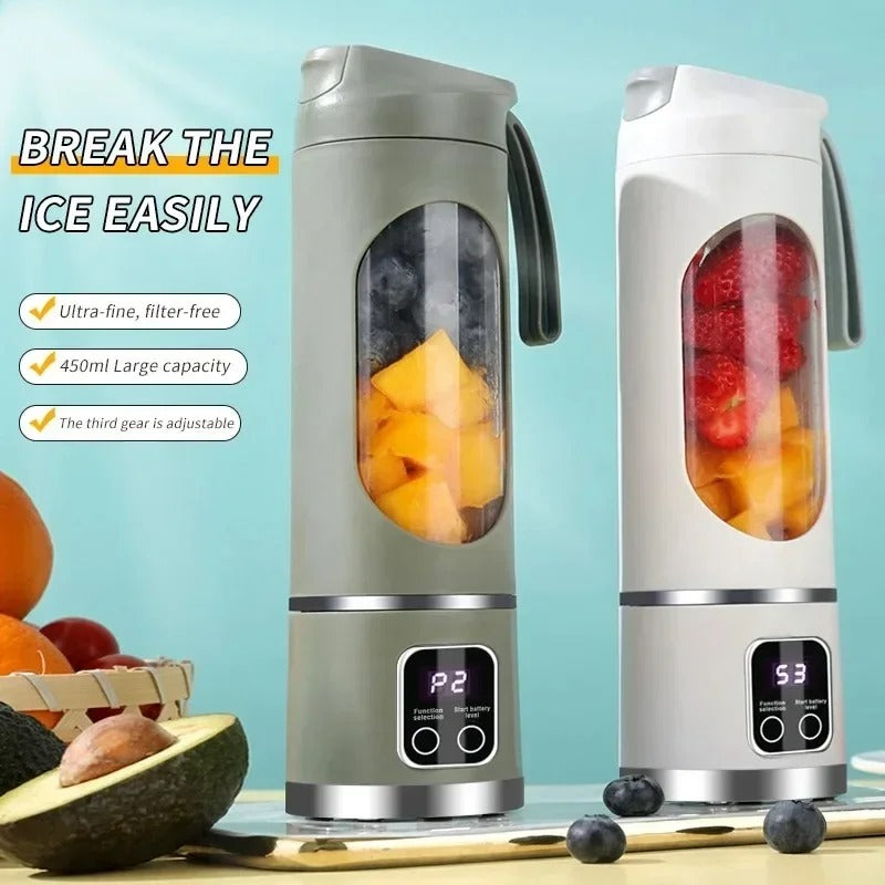 10-Blade Portable Fruit Juicer Cup – 450ml USB Rechargeable Blender with 3 Speeds & Ice Crusher for Smoothies & Shakes