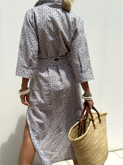 Autumn Long Sleeve Shirt Dress for Women – Elegant Belted Casual Dress with Lapel Neck & Fashion Print