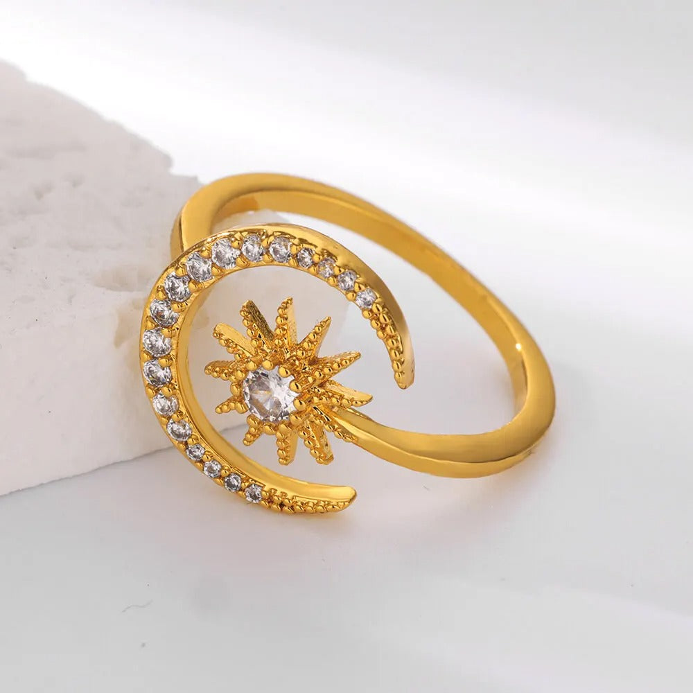 Women’s Dainty Zircon Moon & Star Ring – Gold Stainless Steel Geometric Wedding Jewelry