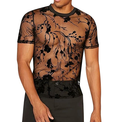 Men’s summer mesh lace knit t-shirt with rose print streetwear