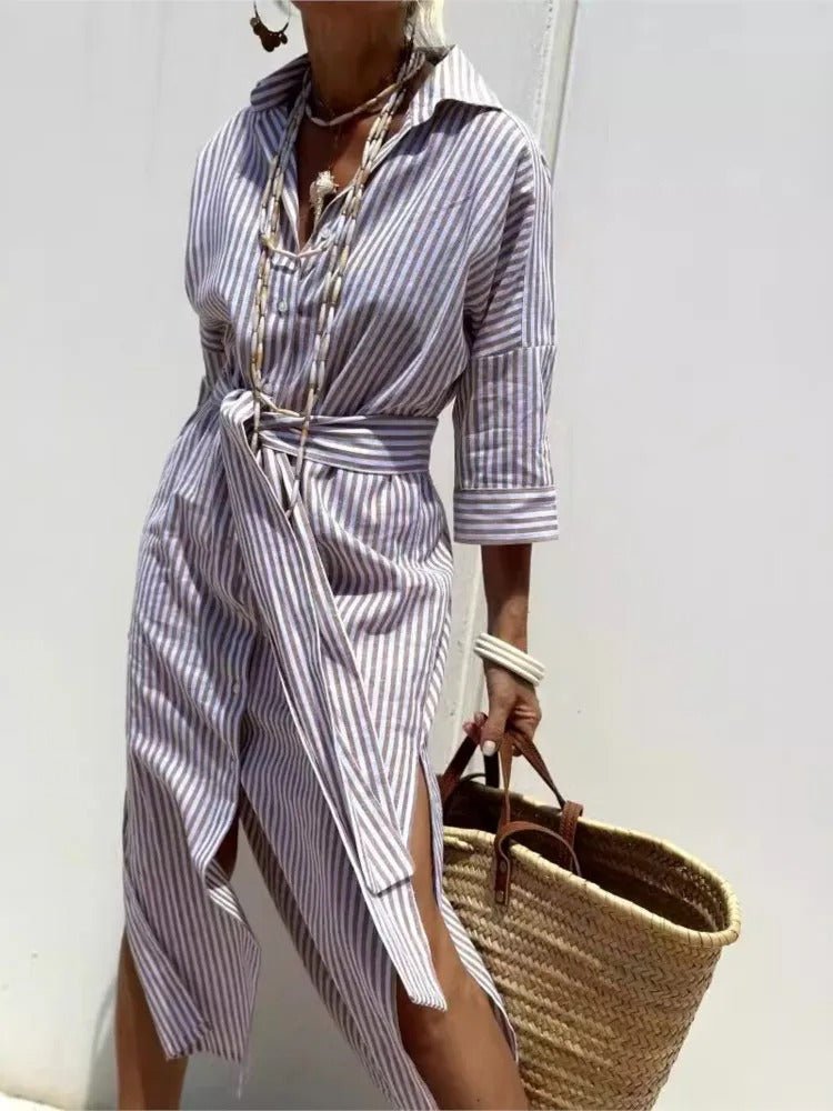 Autumn Long Sleeve Shirt Dress for Women – Elegant Belted Casual Dress with Lapel Neck & Fashion Print