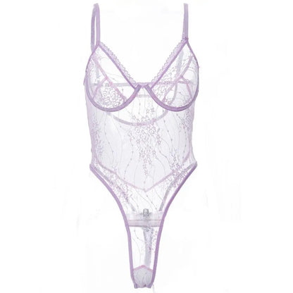 Women’s Sexy Lace Lingerie Bodysuit – Transparent V-Neck See-Through Hollow Sling Underwear