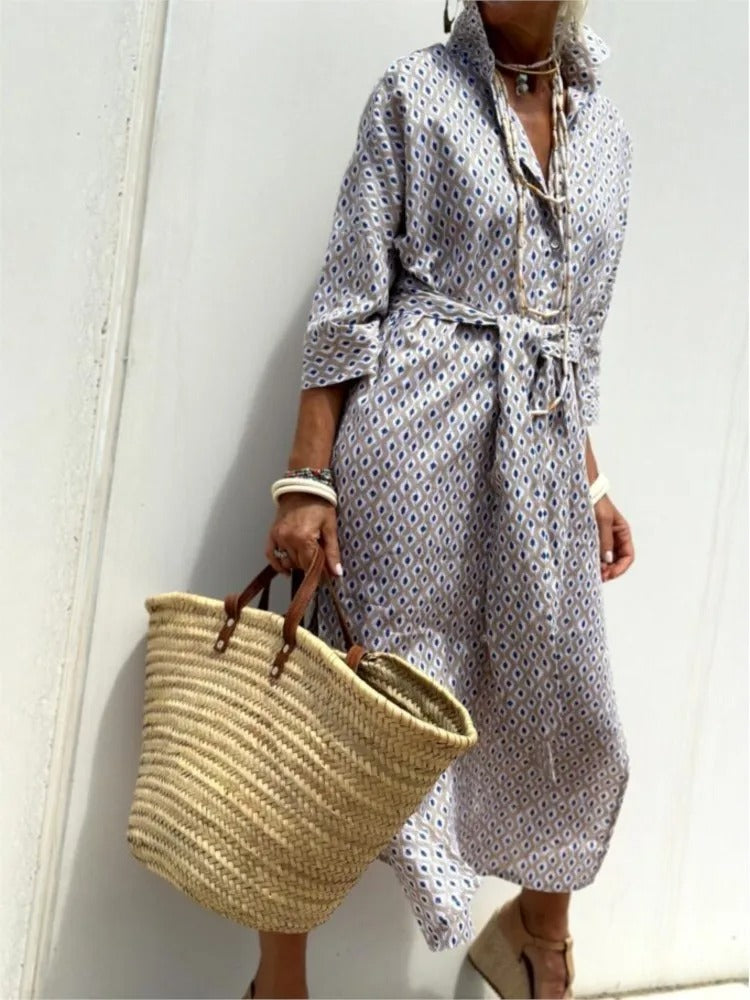 Autumn Long Sleeve Shirt Dress for Women – Elegant Belted Casual Dress with Lapel Neck & Fashion Print