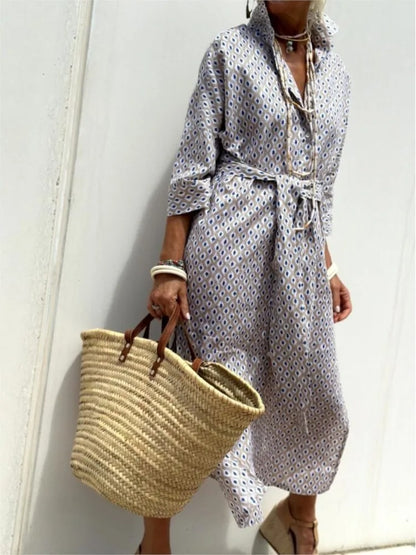Autumn Long Sleeve Shirt Dress for Women – Elegant Belted Casual Dress with Lapel Neck & Fashion Print
