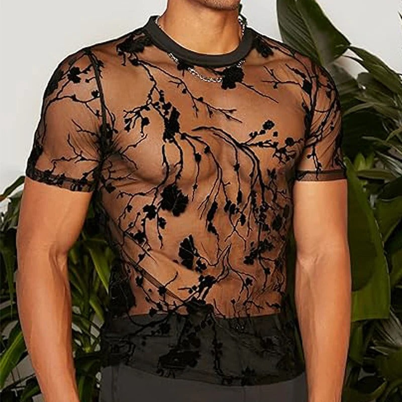 Men’s summer mesh lace knit t-shirt with rose print streetwear