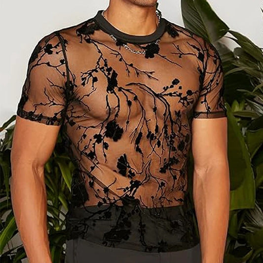 Men’s summer mesh lace knit t-shirt with rose print streetwear